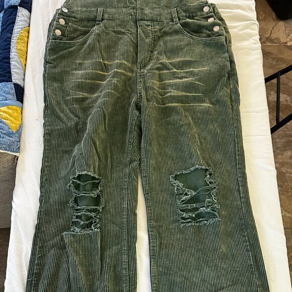 BiBi Women’s Corduroy Bib Overalls Size L Green Wide-Leg Distressed-A182 - Picture 9 of 11